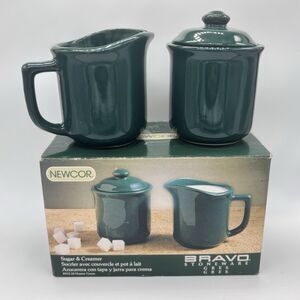 Vintage Newcor Bravo Stoneware Colbalt Green Sugar And Creamer